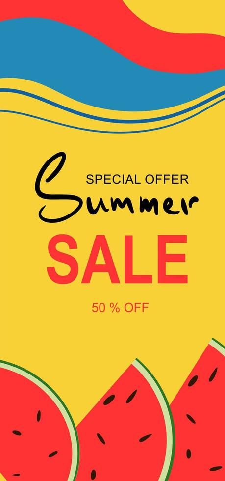 Vector vertical illustration of a summer sale banner for your store, website, and social networks. Layout with watermelons in yellow tones. Summer Sale Ads, End Of Season Sale Poster, Summer Promotion Design, Summer Sale Flyer Design, Summer Offer Poster, Summer Sale Banner, Yellow Tones, Social Networks, Summer Sale