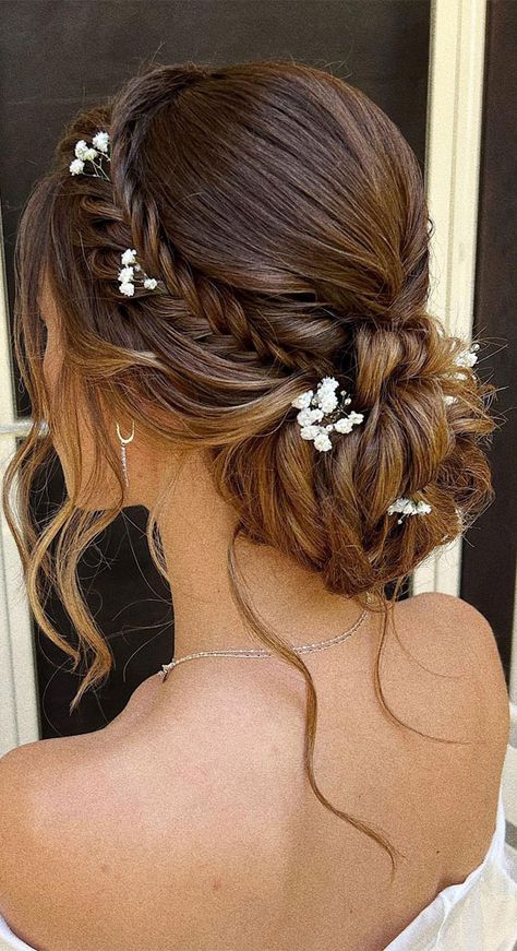 boho romantic updo, braided updo, braided low bun, wedding updos, wedding hairstyle, messy updo hairstyle for elegant look, messy updos, hairstyle ideas , updo, wedding updo hairstyle , 90s updos, textured updo, upstyle Bridal Updos For Medium Hair The Bride, Braided Hairstyles Updo Simple, Romantic Hair Updo Wedding, Bun Homecoming Hairstyles, Bridesmaid Hair Styles Up Do, Upstyle Bridal Hair, Hairstyles For Prom Long Hair Updo, Hair Updo Styles, Cute Prom Hairstyles Updo