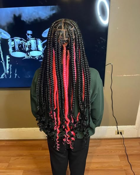 Braided Hairstyles Jumbo Box Braids, Colored Jumbo Box Braids, Jumbo Peekaboo Braids, Jumbo Peekaboo Box Braids, Black And Pink Box Braids, Peekaboo Braids, Curled Hair With Braid, Latest Braided Hairstyles, School Braids