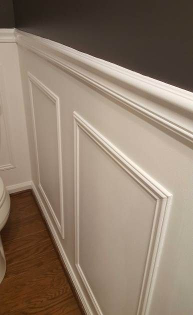 Small Powder Room Upgrade With Wainscoting Wall - DIY - Awesome Oak - A Reflection of You Very Small Powder Room, Small Bathroom Wainscoting Ideas, Bm Chantilly Lace, Bathroom Wainscoting Ideas, Bathroom Wainscoting, Cherry Hardwood Flooring, Small Powder Room, Chair Rail Moulding, Wainscoting Wall