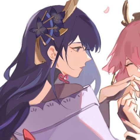 Matching Pfp Couple Girlfriends Genshin Impact, Lesbian Genshin Icon, Matching Sapphic Pfp, Genshin Wlw Matching Icons, Matching Pfp Genshin Girl X Girl, Sapphic Matching Pfps, Ei And Miko Matching Pfp, Raiden X Yae Miko Matching Icons, Yae Miko X Raiden Shogun Matching Icons