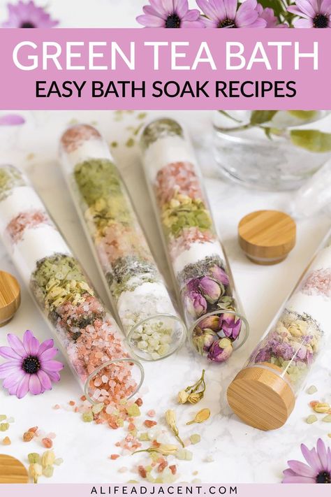 Green tea bath salts shown in glass bath salt test tube packaging. Text overlay: green tea bath easy bath soap recipes. Green Tea Bath Soak, Diy Bath Tea Recipes, Bath Tea Bags Diy, Tea Bath Soak, Homemade Green Tea, Bath Tea Recipe, Diy Green Tea, Diy Bath Soak, Green Tea Bath