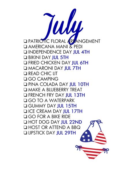 July Seasonal Living List July To Do List, Monthly Celebration, Monthly Activities, Life List, Pina Colada, Months In A Year, Project Life, Journal Planner, Life Planner