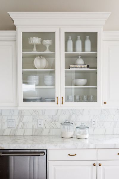 Countertop update: http://www.stylemepretty.com/living/2016/11/10/essentials-for-any-kitchen-makeover/ Kitchen Glass Cabinets, Glass Front Kitchen Cabinets, Mcgee Kitchen, Glass Upper Cabinets, Glass Kitchen Cabinet, Glass Kitchen Cabinets, Glass Cabinets, Kabinet Dapur, Glass Front Cabinets