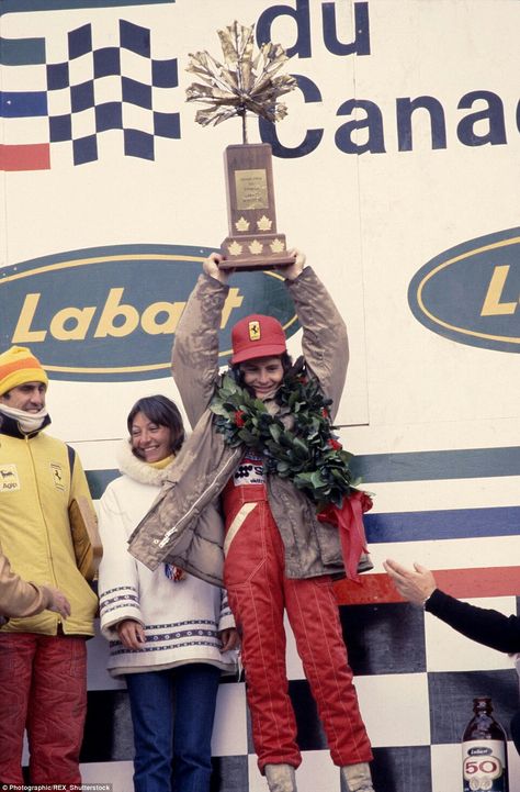 Gilles Villeneuve celebrates his first victory at the Canadian Grand Prix, 1978. Beside him are his wife Joanne and teammate Carlos Reutemann Canadian Grand Prix, Gilles Villeneuve, Motorsport Photography, Motor Racing, Race Car, Formula One, Print Gifts, Gifts In A Mug, Art Reproductions