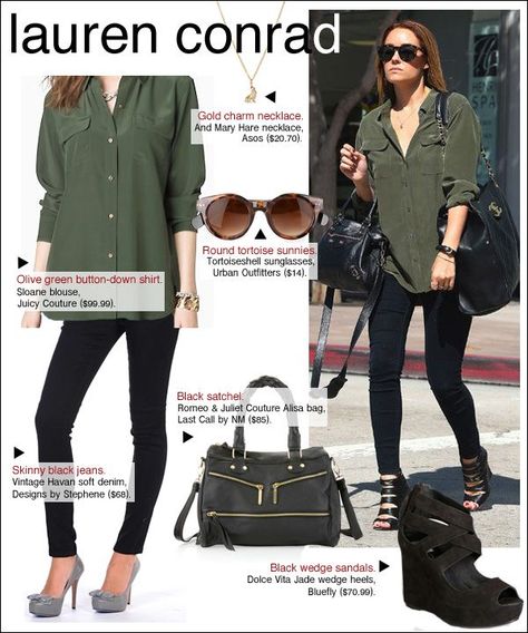 Silk blouse over black skinnies Olive Green Shirt Outfit, Green Blouse Outfit, Army Green Outfit, Green Shirt Outfits, Trip Clothes, Western Office, Casual Summer Outfits For Teens, Lauren Conrad Style, Olive Green Shirt