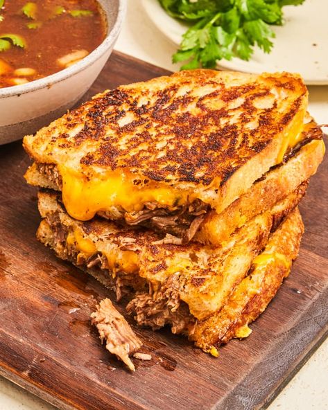 Birria Grilled Cheese Recipe | The Kitchn Birria Grilled Cheese, Quick Sandwiches, Ultimate Grilled Cheese, Grilled Cheese Recipe, Sourdough Bread Sandwiches, Gourmet Grilling, Sandwich Sauces, Birria Tacos, Sourdough Sandwich