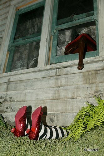 Ruby Slippers on Wicked Witch of the East Wizard Of Oz House On Witch, Wizard Of Oz Photo Shoot, The Wizard Of Oz Art, Wizard Of Oz Aesthetic, Wicked Images, Wizard Of Oz Film, Wicked Aesthetic, The Great Oz, Oz Aesthetic