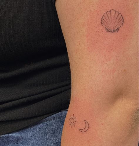 Small tattoos, shell tattoos, sun tattoos, moon tattoos Shell Outline Tattoo, Tattoo Shell Seashells, Moon Shell Tattoo, Shell Tattoo Placement, Sunrise Shell Tattoo, Cute Shell Tattoo, Shell Ankle Tattoo, Small Tattoos Moon, Tattoos Seashell