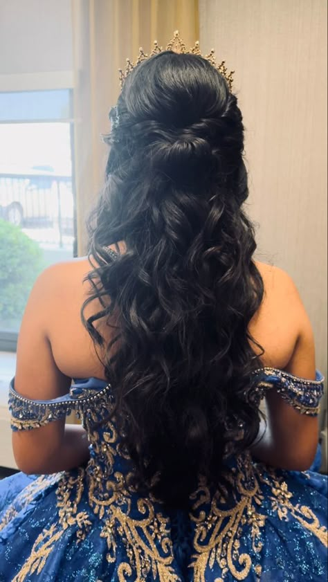 Half up half down quinceañera hair on brunette hair by Alamo city hair Quince Hairstyles Black Hair, Hair Ideas For A Quinceanera, Sweet 16 Half Up Half Down Hairstyles, Long Quince Hairstyles, Quinceanera Hairstyles Braids, Royal Blue Quinceanera Hairstyles, Half Up Half Down Bun Quinceanera Hairstyles, Quince Hairstyles With Roses, Half Up Half Down Quince Hair With Crown