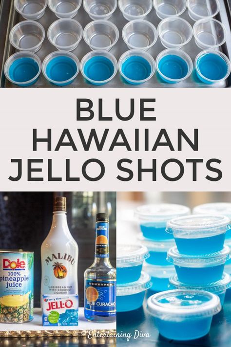 How to Make Blue Hawaiian Jello Shots | 4th of July Shots With Coconut Rum, Blue Pina Colada, Hawaiian Jello Shots, Blue Hawaiian Jello Shots, Pina Colada Jello Shots, Hello Shots, Blue Jello Shots, Tropisk Fest, Jello Pudding Shots