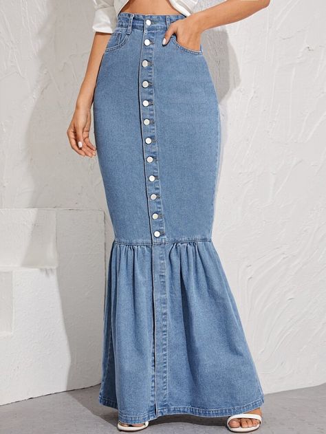 Pastel Plain, Mermaid Maxi Skirt, Fitted Denim Skirt, Denim Skirts Knee Length, A Line Denim Skirt, Short Denim Skirt, Blue Pastel, Womens Maxi Skirts, Denim Skirt Women