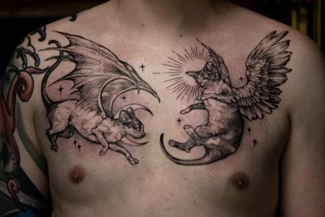 chest tattoo cat cats blacktattoo Chest Tattoo Animals, Animal Chest Tattoo Female, Animal Skull Chest Tattoo, Large Cat Tattoo, Cat Dragon Tattoo, Animal Chest Tattoo Men, Cat Stomach Tattoo, Victorian Chest Tattoo, Cat Chest Tattoo