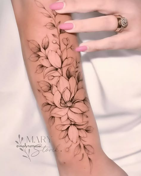 Single Line Magnolia Tattoo, Magnolia And Lily Tattoo, Skull And Magnolia Tattoo, Blooming Tulip Tattoo, Magnolia Bloom Tattoo, Magnolia Forearm Tattoo, Red Magnolia Tattoo, Magnolia Mandala Tattoo, Magnolia Wrist Tattoo