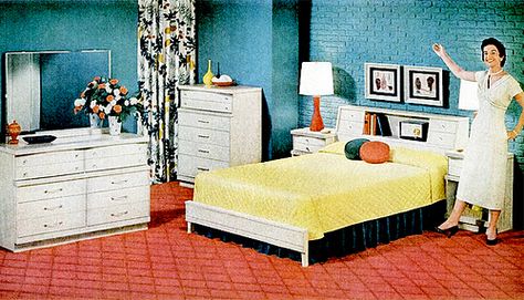 Bedroom (1956) 1950 Bedroom, 1950 Interior, 50s Bedroom, 1950s Bedroom, Vintage Bedroom Sets, Bedroom Inspirations Minimalist, Mid Century Bedroom, Midcentury Style, Retro Interior Design