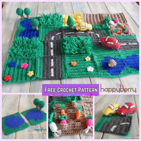 Crochet Road Play Mat Free Pattern for Kids Crochet Sensory Blanket, Crochet Playmat, Crochet Playset, Crochet Sensory Toys, Sensory Crochet, Road Play Mat, Crochet Toys Free, Crochet Toddler, Crochet Baby Toys