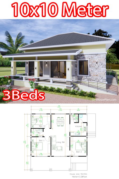 10x10 House Design, Air Bnb House Plans, 33x33 House Plan, 10x10 House Plans, One Floor House Plans, Single Floor House Design, Barn Homes Floor Plans, Small House Interior, Simple House Design