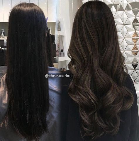 Partial Brown Balayage On Black Hair, Black To Brunette Balayage, Low Maintence Balayage, Subtle Ash Brown Balayage On Black Hair, Natural Looking Balayage Brunettes, Subtle Black Balayage, Black Hair Subtle Balayage, Partial Balayage On Black Hair, Black To Brunette Hair