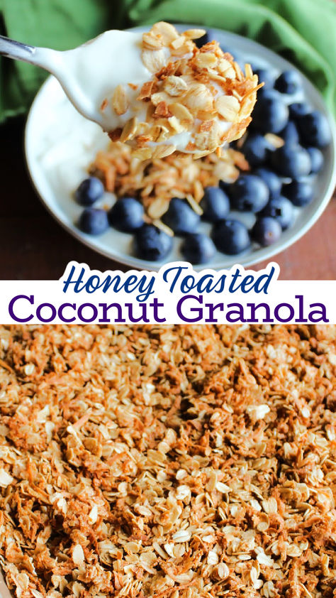 This homemade coconut granola recipe is so easy to put together and so much more affordable than buying it at the store. Plus you can customize it however you would like. It is great with yogurt and fruit, but is also tasty snacked on plain. It's a great breakfast or snack that can be made ahead and stores well. Coconut Chia Granola Recipe, Coconut Flakes Recipe, Coconut Granola Recipe, Soft Granola, Granola Coconut, Postpartum Meal, Yogurt And Fruit, Oatmeal Granola, Honey Granola