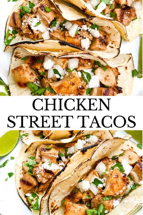 Chicken Street Tacos are a great Mexican recipe dinner idea for taco night! Made with chicken thighs in a citrus spice marinade and grilled or baked. Gluten free. Mexican Chicken Marinade For Tacos, Gluten Free Chicken Tacos, Chicken Thigh Mexican Recipes, Chicken Marinade For Tacos, Street Taco Chicken, Street Chicken Tacos, Street Tacos Recipe Chicken, Chicken Thigh Tacos, Mexican Chicken Thighs