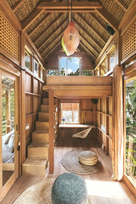 Tiny Tall Haus Ubud Getaway! - Tiny houses for Rent in Kecamatan Ubud, Bali, Indonesia Bamboo House Design Small Spaces, Design Casa Piccola, Balcony Lounge, Tiny Beach House, Bahay Kubo, Tiny Houses For Rent, Tiny House Loft, House Loft, Tiny House Inspiration