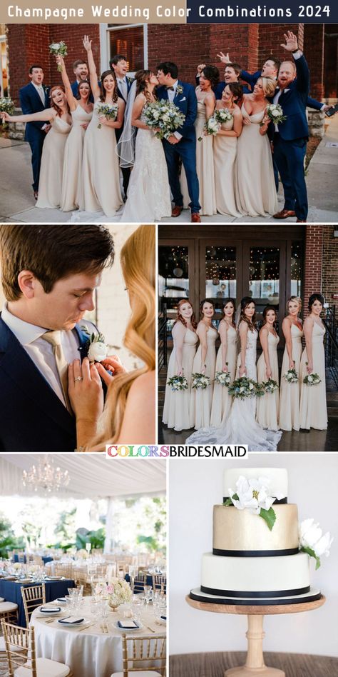 Top 20+ Champagne Wedding Colors Ideas for Bride-to-be - ColorsBridesmaid Champagne Navy Wedding Color Schemes, Wedding Champagne And Navy, Blue Groomsmen And Champagne Bridesmaids, Champagne And Navy Wedding, Navy Blue And Champagne Wedding Colors Wedding Ceremony Decor, Champagne Bridesmaid Dresses Blue Flowers, Champagne And Navy Blue Wedding, Navy And Champagne Wedding Colors, Champagne And Blue Wedding