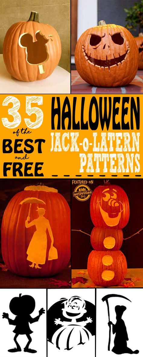 35 of the Best and Free Halloween Jack-o-Lantern Patterns Jack O Lantern Patterns, Jack O Lantern Designs, Jack O Latern, Halloween Pumpkin Stencils, Halloween School Treats, Disney Pumpkin Carving, Halloween Pumpkin Carving, Holiday Worksheets, Disney Pumpkin