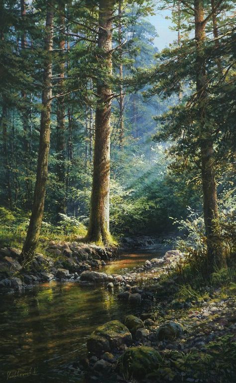 River Paintings Acrylic, Realistic Forest Painting, Forest River Painting, Canvas Painting Nature Landscapes, Acrylic Forest Painting, Forest Painting Acrylic, Pine Forest Painting, Peacock Background, Creek Painting