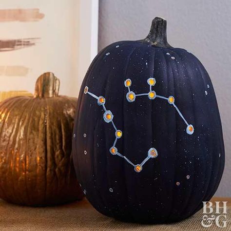 night sky pumpkin with constellations Space Themed Pumpkin Carving, Constellation Pumpkin, Pumpkin Carving Constellation, Starry Night Pumpkin Carving, Pumpkin Carving Starry Night, Celestial Painted Pumpkins, Unique Pumpkin Decorating, Paper Pumpkin Craft, Halloween Pumpkin Diy