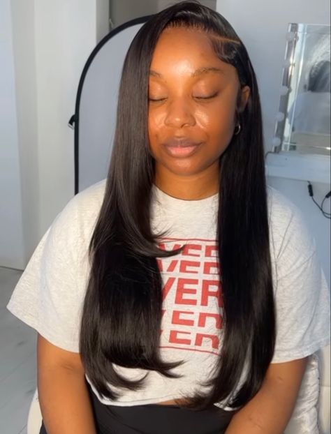 Sew In Hairstyles No Leave Out Straight Side Part, Side Part Sew In Straight Layers, Straight Side Part Wig With Layers, Side Part Bone Straight Wig, Frontal Wig Hairstyles Medium Length, Side Part Straight Wig With Layers, Straight Side Part With Layers, Sow In Weave Hairstyles Straight, Side Part Layers Black Women