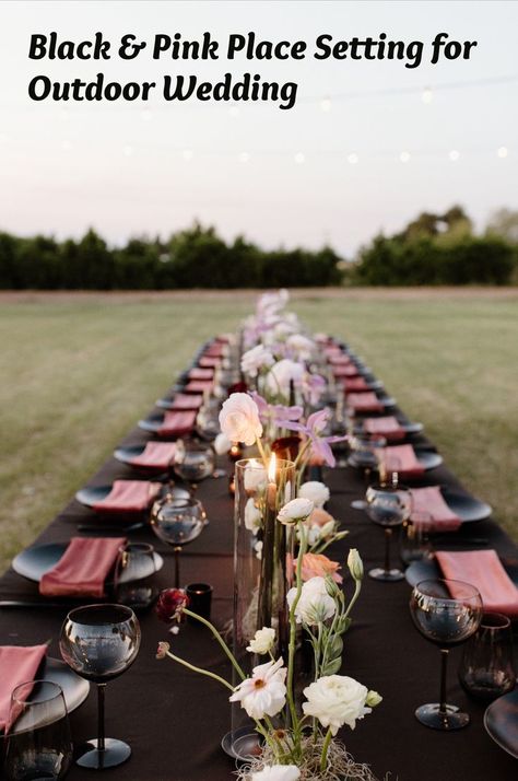 Black and pink table scape for outdoor wedding 

#Pink #black #Blackwineglasses #weddingplanner #wedding #beautiful #fun #inspo #flowerdecor Blush And Black Table Setting, Black Pink And White Wedding, Black And Pink Dinner Party, Black And Pink Table Setting, Black And Pink Party Decorations, Black And Blush Wedding Decor, Black And Pink Party Theme, Pink Table Scape, Black And Pink Birthday Theme