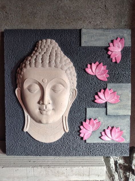 Lotus Clay Art On Canvas, Buddha Wall Painting Ideas, Pichwai Clay Art, Buddha Clay Mural Art, Clay Buddha Handmade, Buddha In Lippan Art, Buddha Clay Art On Canvas, Flower Lippan Art, Siporex Mural Art