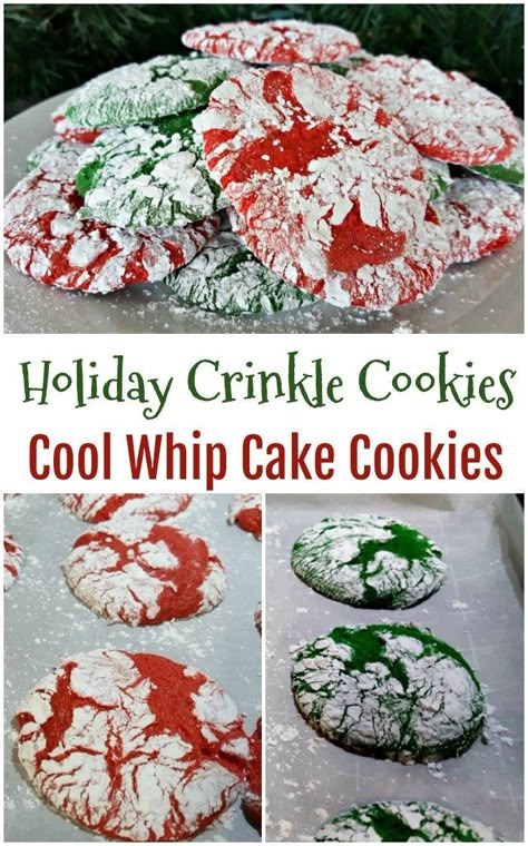 Colorful Holiday Crinkle Cookies are made from cake mix and cool whip! They are so pretty and easy to make. #12ChristmasCookieRecipes Cool Whip Crinkle Cookies, Christmas Cool Whip Cookies, Cool Whip And Cake Mix Cookies, Cool Whip Cookies Christmas, Cake Mix And Cool Whip Cookies, Cake Mix Cookies With Cool Whip, Cool Whip Cake Mix Cookies, Crinkle Cookies Recipe Cake Mixes, Cake Mix And Cool Whip