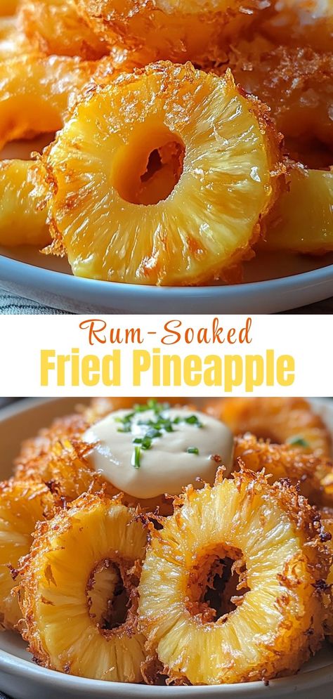 Savor the tropical delight of Rum-Soaked Fried Pineapple! This easy recipe combines sweet, juicy pineapple with rich rum for a delicious treat that's perfect for summer parties or a fun dessert. Serve it warm with ice cream or enjoy it on its own. A fantastic way to elevate your fruit game! 🍍🍹 Pineapple Rings Recipes, Fried Pineapple, Pineapple Snack, Barbecue With Friends, Pineapple Recipe, Breakfast Sides Dishes, Potato Appetizers, Roasted Pineapple, Breakfast Sides