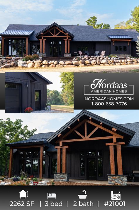 Explore the beauty of a one story modern farmhouse house plan. Discover Nordaas Homes' house exterior design that blends modern farmhouse charm with style. Dive into house exteriors and exterior house colors, like the black & cedar house exterior here, that redefine the look of ranch house exteriors. Perfect for anyone looking for modern farmhouse house plans & inspiration for their dream house exterior. Designed & built by Nordaas Homes, contact us to build your dream home at nordaashomes.com Dark Siding Ranch House, Painted Wood House Exterior, Exterior House Colors With Cedar Accents, Dark Ranch House Exterior, Ranch Siding Ideas Exterior, Barndo Exterior Color Schemes, Black House With Cedar Accents, Barndominium Exterior Color Schemes, Black Cedar House