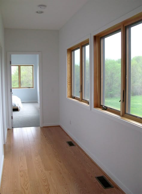 Stained wood windows w/ white trim, base boards. Paul  Jackie's Modern Rochester Ranch Wood Doors White Trim, Modern Window Trim, Wood Window Trim, Window Trim Ideas, Stained Windows, Pintu Interior, White Baseboards, Window Trims, Interior Window Trim