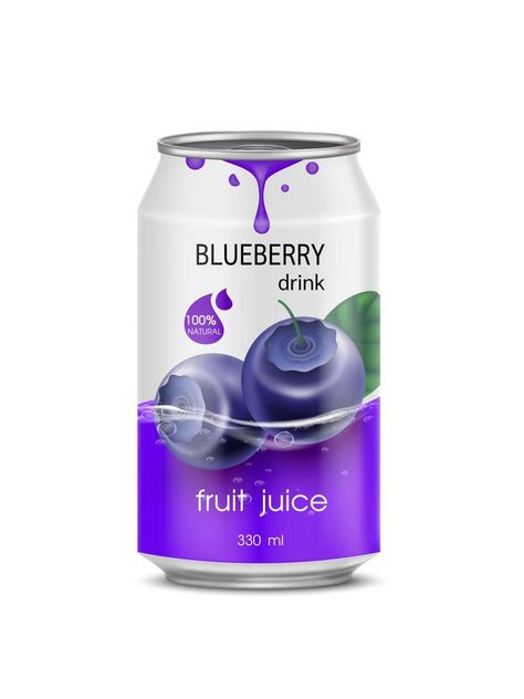 Blueberry juice soft drink in aluminum can and design of blueberries fruit purple packaging mock up.  Isolated on a white background. Realistic vector EPS10 illustration. Soft Drink Packaging Design, Fruit Drink Packaging Design, Juice Can Design, Can Drink Design, Drink Can Design, Drink Poster Design, Blueberry Drink, Purple Juice, Juice Photo