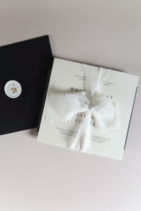 Square Invitations Wedding, Black Ribbon Wedding Invitations, Sage Wedding Invite, Classic And Timeless Wedding, Designs With Meaning, Black Tie Wedding Invitations, Ribbon Invitation, Square Wedding Invitations, Square Envelope