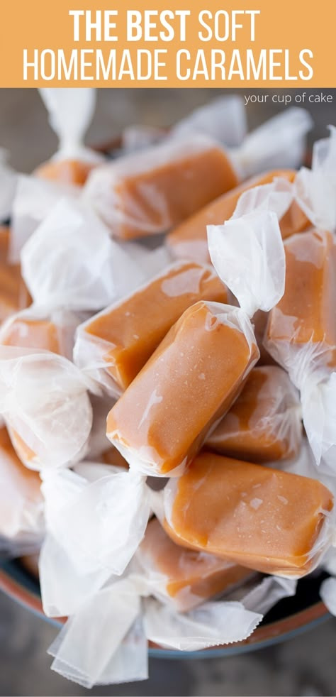 The BEST Soft Homemade Caramels - Your Cup of Cake Soft Caramels Recipe, Carmel Recipe, Homemade Caramel Candy, Homemade Caramel Recipes, Homemade Caramels, Candy Recipes Homemade, Christmas Candy Recipes, Soft Caramel, Caramel Candy