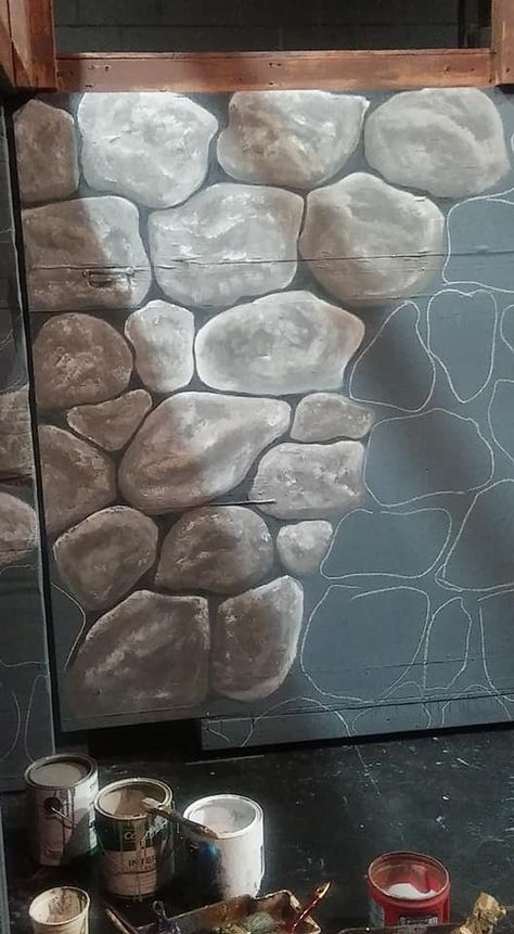 Faux stones for Oliver set piece Diy Castle Wall Faux Stone, Painting Faux Stone Wall, Oliver The Musical Set Design, Stone Wall Painting Art, Castle Stage Set, Cardboard Stone Wall, Stage Craft Theatre Set Design, Theatre Wall Design, Stage Wall Design