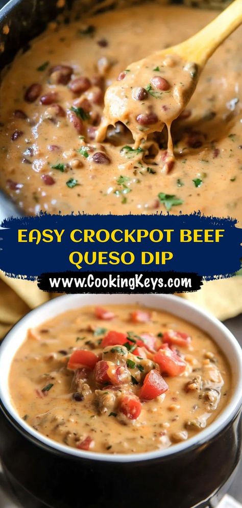 Effortless, cheesy, and incredibly flavorful! This Easy Crockpot Beef Queso Dip is the perfect party appetizer. Tender ground beef, melted cheeses, and a blend of spices create a rich and satisfying dip. Just toss the ingredients in your crockpot and let it work its magic. Ideal for game days, potlucks, or any casual gathering. Serve it warm with tortilla chips, veggies, or bread. The slow-cooked flavors and creamy texture make this dip a guaranteed hit. #crockpotqueso #beefqueso #quesodip #appetizer #easyrecipe #crockpotrecipe #partyfood #cheesedip #dip #gamefood #comfortfood Beef Queso Dip, Crock Pot Queso, Queso Dip, Crockpot Beef, Party Appetizer, Cheese Dip, Game Food, Slow Cooked, Creamy Texture