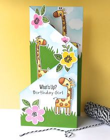 The Queen's Scene - My Favorite Things - Tri-fold Card #thequeensscene #mftstamps #card #trifoldcard #giraffe #giraffingmecrazy #papercrafting Mft Stamps Cards, Tri Fold Cards, Mft Cards, Cricut Cards, Card Making Tutorials, Fancy Fold Cards, Kids Birthday Cards, Fun Fold Cards, Card Challenges