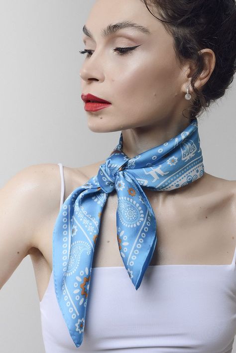 Dress And Scarf, Silk Scarf Design, Blue Silk Scarf, Scarf Knots, Blue Tablecloth, Silk Scarf Style, Light Blue Dress, Ways To Wear A Scarf, Blue Scarf