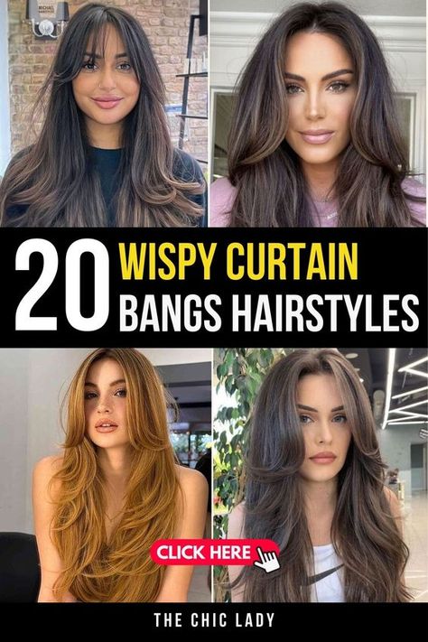 "Looking to update your long hair with a trendy twist? Discover 20 Stylish Ways to Rock Wispy Curtain Bangs with Long Hair! These effortlessly chic bangs add a soft, face-framing effect that perfectly complements long locks. From casual day looks to glamorous evening styles, these wispy curtain bangs are versatile enough to suit any occasion. Ready to refresh your hairstyle with a modern touch.

#CurtainBangs #LongHairStyles #HairInspo #TrendyBangs #HairGoals Whiskey Curtain Bangs, Curtain Bangs Long Brunette Hair, Long Layer Haircut With Curtain Bangs, Whispy Curtains Bangs With Long Hair, Long Hairstyles With Curtain Bangs, Curtain Bangs With Long Hair, Swoopy Bangs, Black Hair With Lowlights, Best Hairstyles For Long Hair