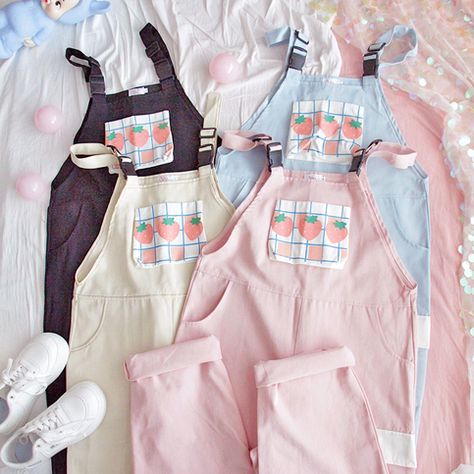 Strawberry Overalls, Kawaii Overalls, Strawberry Romper, Kawaii Fashion Outfits, Strawberry Print, Cute Rompers, Kawaii Clothes, Anime Outfits, Kawaii Fashion