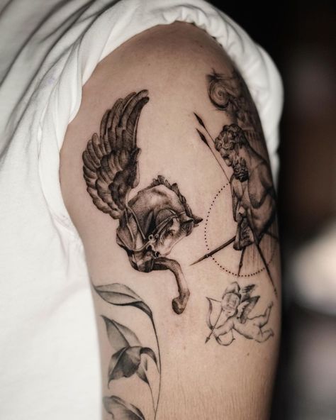 Pegasus Tattoo Mythology, Clear Tattoos, Disney Hercules Tattoo, Pegasus Sculpture, Sculpture Tattoo, Hercules Tattoo, Pegasus Tattoo, Greek Mythology Tattoos, Greek Myth