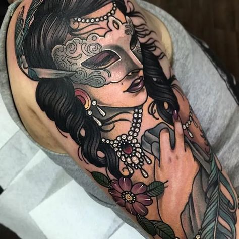 Tattoo uploaded by Stacie Mayer | Neo traditional masquerade lady by Cree McCahill. #mask #masquerade #flowers #feather #neotradlady #neotraditional #CreeMcCahill | 298714 | Tattoodo Masquerade Tattoo, Masquerade Mask Tattoo, Mask Tattoo, Mask Masquerade, Book Tattoo, Halloween Tattoos, Neo Traditional, Masquerade Mask, Simplistic Tattoos