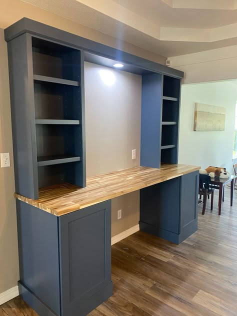 Wakefield Designs - Carl Junction, MO Desk From Kitchen Cabinets, Built In Desk Small Office, Diy Desk Cabinets, Kitchen Desk Ideas Built Ins, Diy Desk With Cabinet Base, Bar And Desk Combo, Double Study Room, Built In Cabinet Desk, Home Office Using Kitchen Cabinets