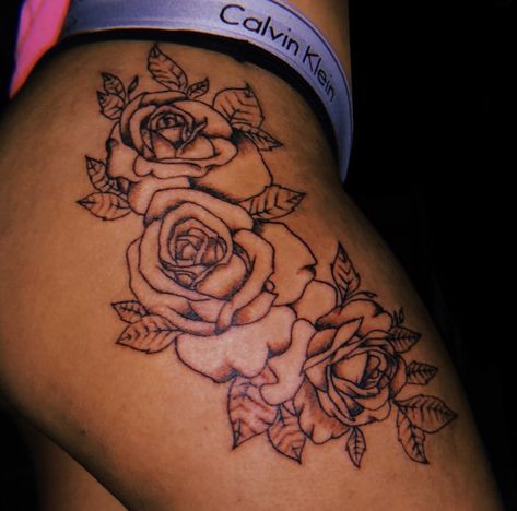 Rose Hip Tattoo Thigh Tat, Baddie Tattoo Ideas Female Thigh, Chest Tattoo Female Meaningful, Hip Rose Tattoos Women, Rose Thigh Tattoos Women, Rose Stomach Tattoo, Thigh Rose Tattoo, Baddie Tattoo Ideas Female Leg, Thigh Tattoos Women Flowers