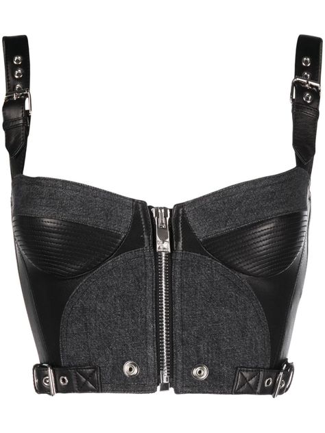 Shop or share your style of the product on ModeSens! panelled bustier top from Versace featuring panelled design, adjustable shoulder straps, sweetheart neck, sleeveless, front zip fastening, cropped, black/grey and leather/cotton. Versace Crop Top, Versace Top, Denim Bustier, Leather Bustier, Corset Fashion, Versace Outfit, Bustier Top, Bustiers, Tank Top Designs